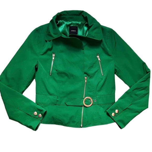 NWOT Express Women’s Zippered Moto Rain Jacket Emerald GREEN 🍀 SZ Small - Picture 3 of 12